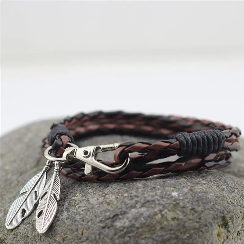 

Charm Punk Hand Rope Chain Leaf Bracelet Leather Braided Bracelets Brand Accessories Women Men Gifts