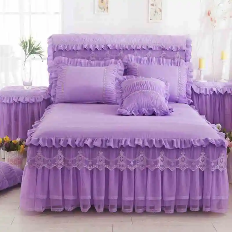 

Korea Lace Ruffle Bedspread Bed Skirt Pillowcases 1/3pc Solid Color Mattress Cover Princess Bedding Fitted Sheet King Queen Size