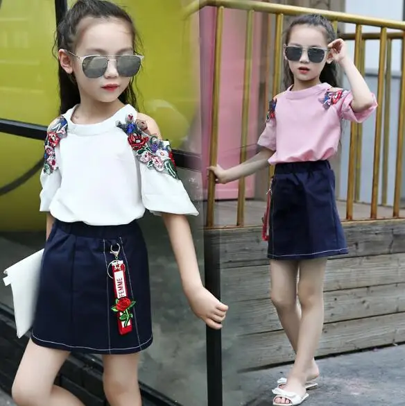 

Summer Girls Clothing Sets Kids Embroidered flowers T-Shirts Outfits Children Clothes Two-piece Suit 4 6 8 12 Years Teenage Girl