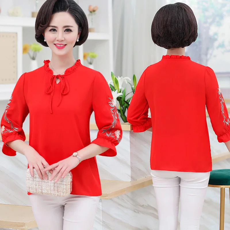 Летние женские шифоновые рубашки красные розовые кружевные с бантом и цветочной