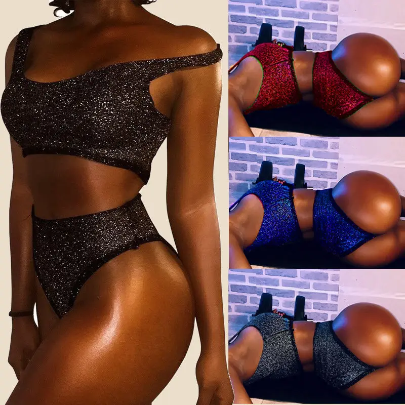 Сексуальный женский бандажный Топ с блестками комплект бикини чашками пуш ап
