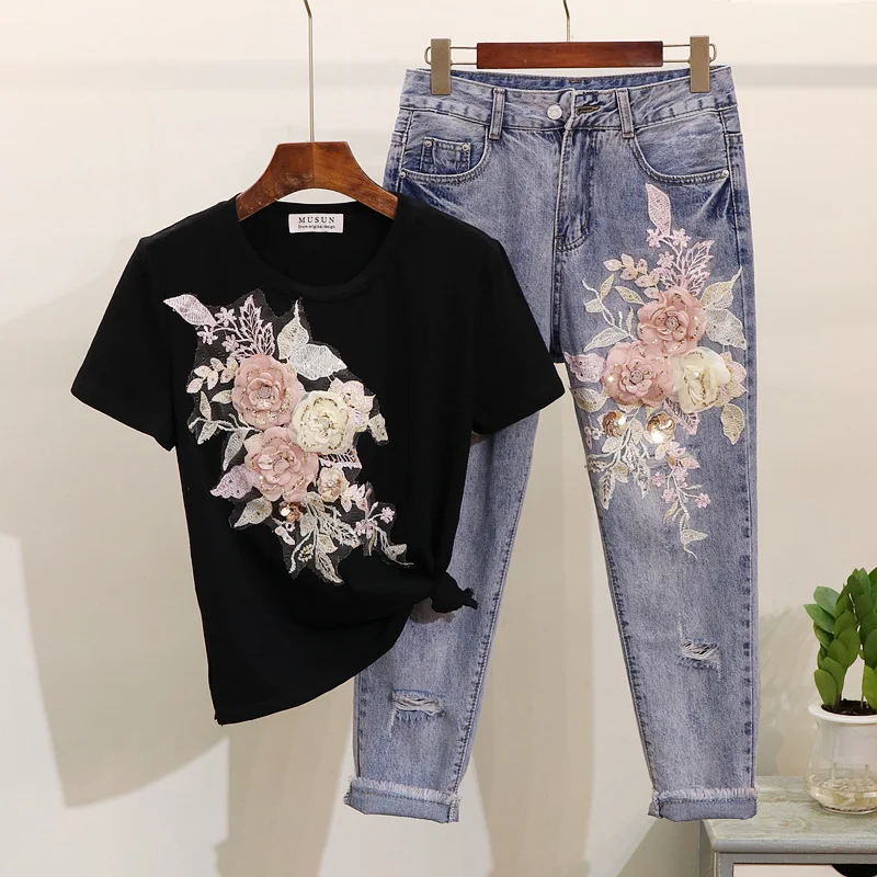 Женская футболка с блестками ALPHALMODA летняя 3D цветами |