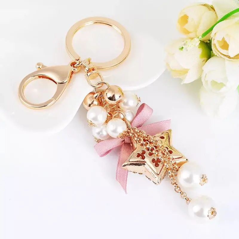 New crystal beaded bow keychain star pendant car key ring fashion creative five-pointed chains | Украшения и аксессуары