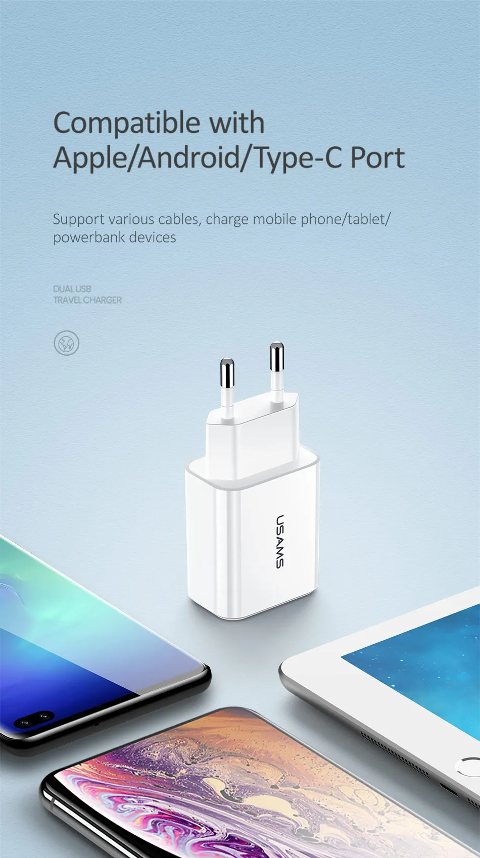 Двойное USB зарядное устройство USAMS 2.1A Быстрая зарядка мобильного телефона адаптер для iPhone X 8 EU/US вилка настенное зарядное устройство для samsung Xiaomi
