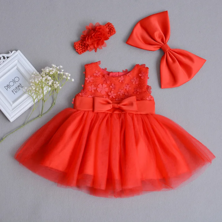 

2018 Spring Summer Baby Girl Baptism Birthday wedding Dresses lace tulle Christening princess Newborn Party Wear + Headband set