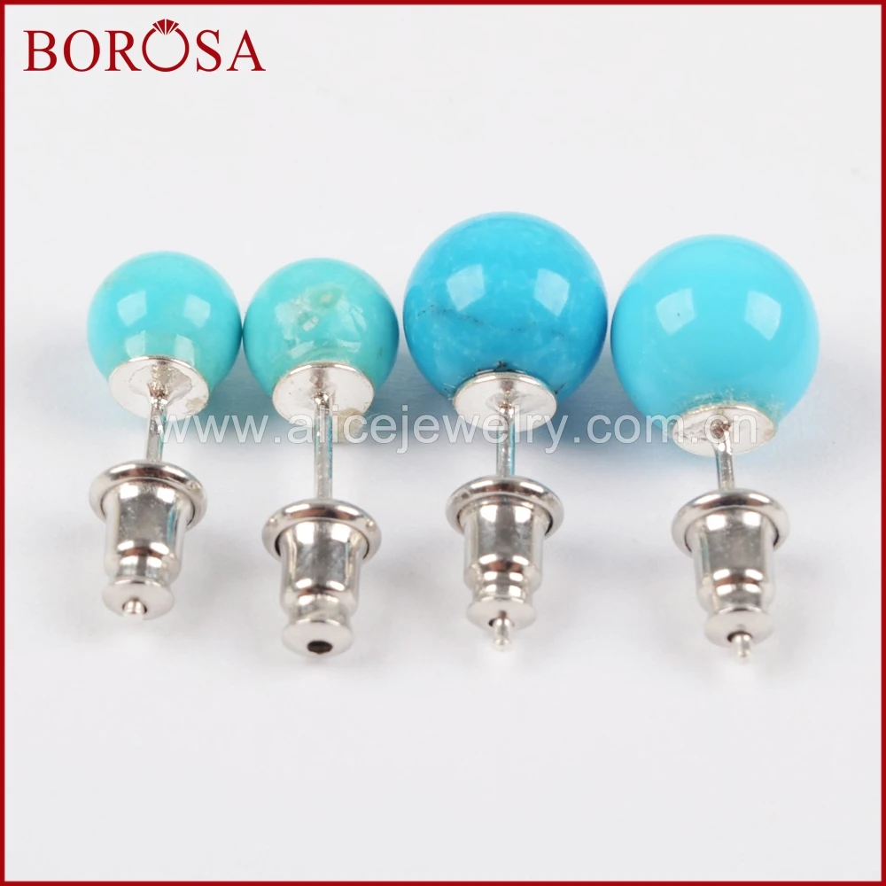 Модные серьги гвоздики BOROSA из чистого серебра 100% натуральная бирюза 92.5%