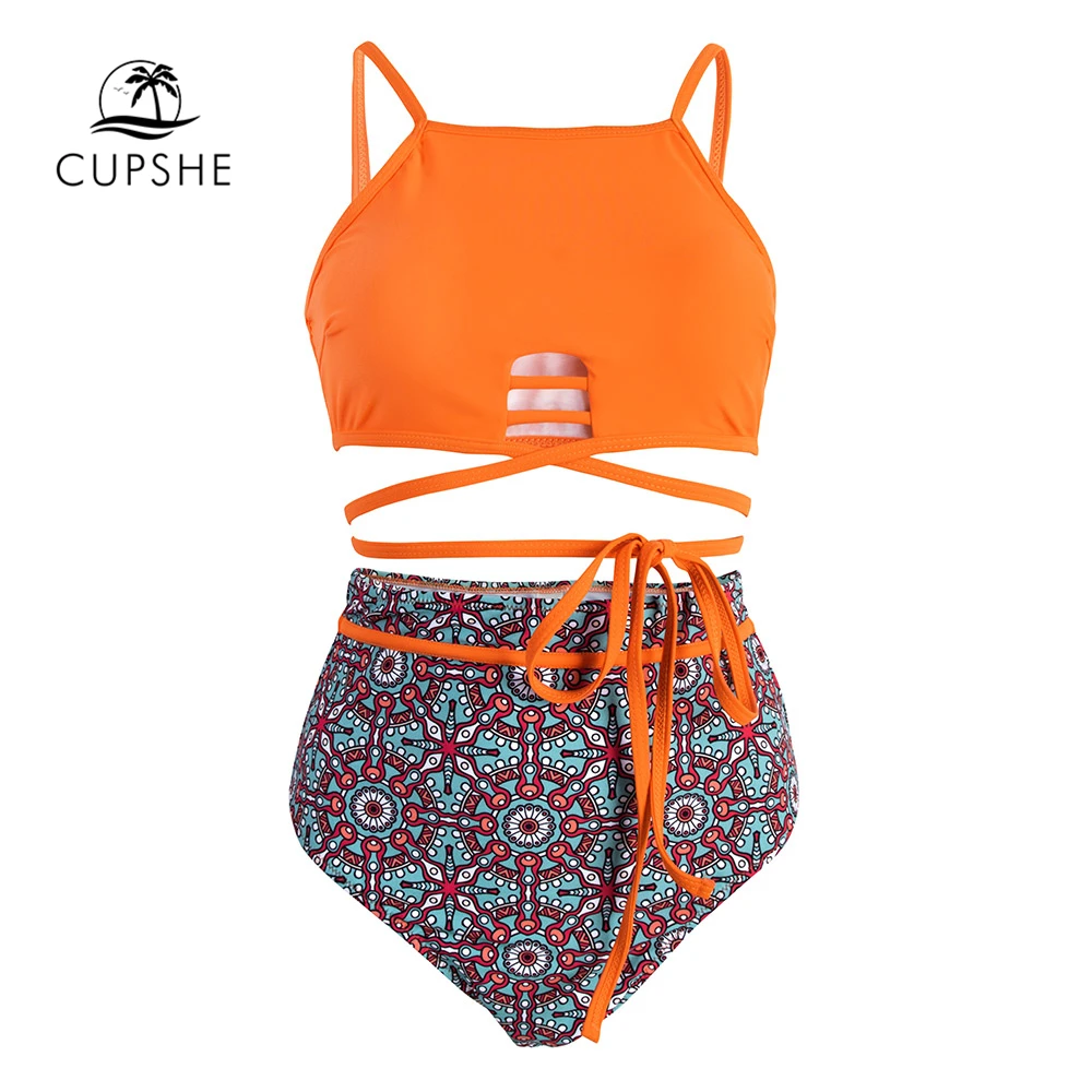 CUPSHE/женские комплекты бикини с оранжевым принтом и высокой талией Boho купальные