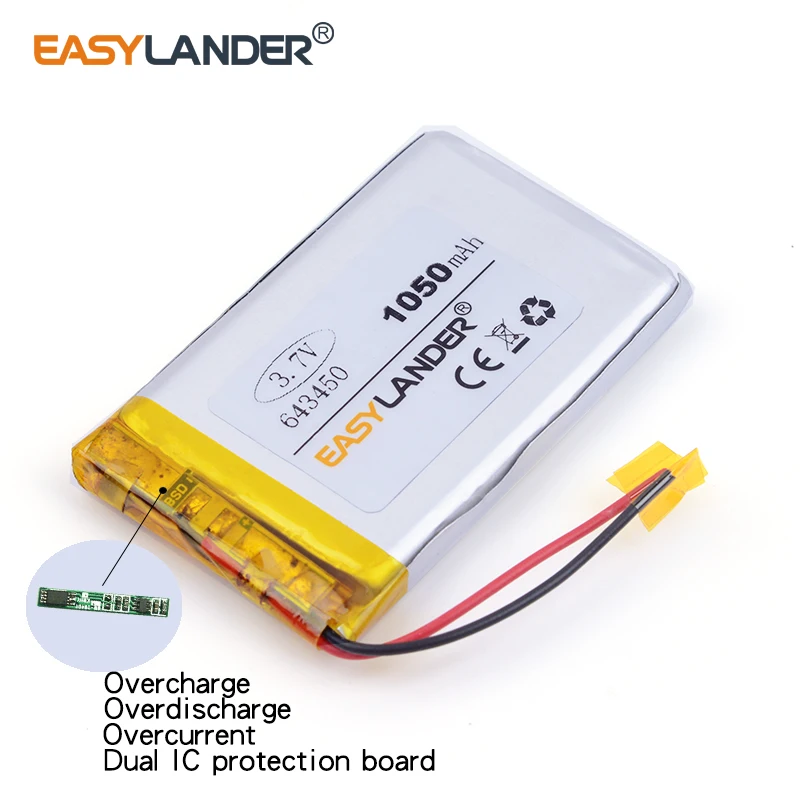 Лучший размер батареи 643450 3 7 V 1050mah литий-полимерный аккумулятор с защитной доской