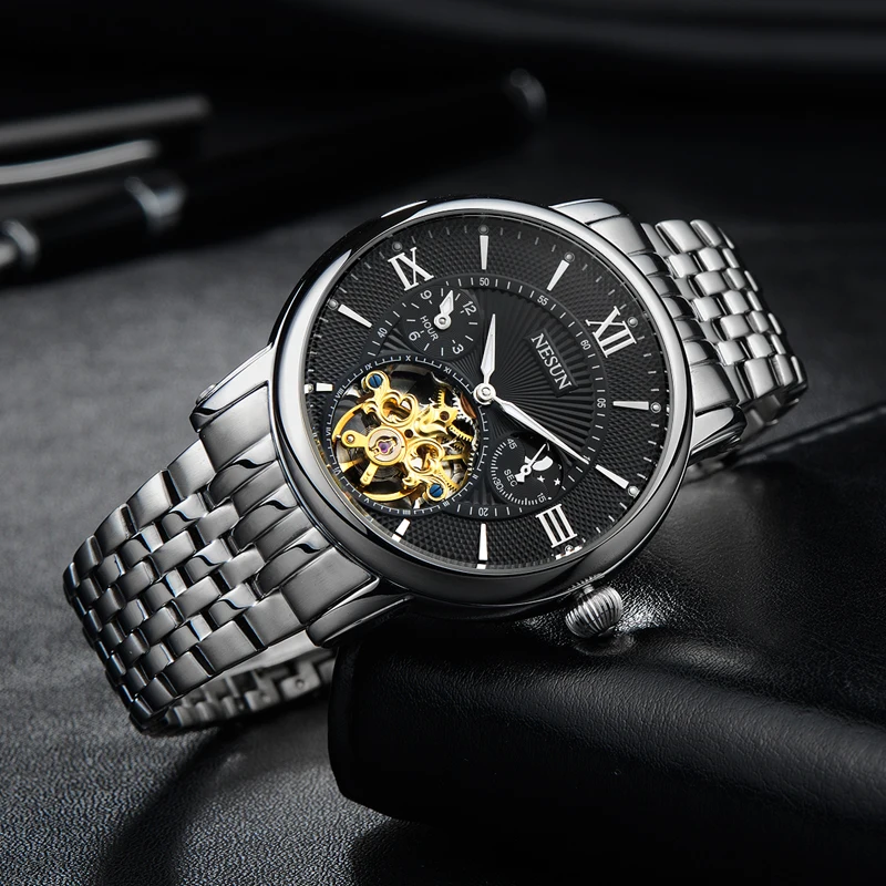 Швейцария Nesun полые Tourbillon часы Для мужчин Элитный бренд автоматические