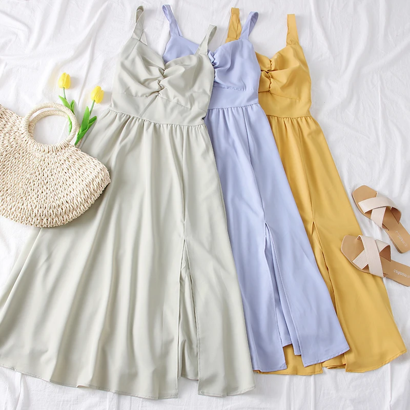 SKOONHEID летние Для женщин Спагетти ремень Разделение платье в Корейском стиле