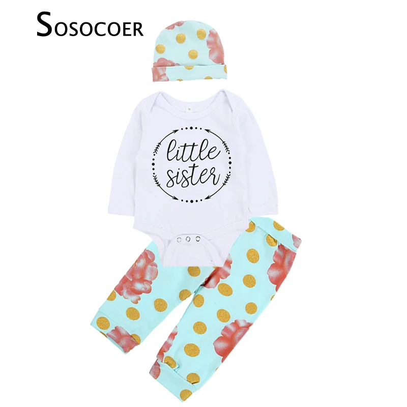 

SOSOCOER Newborn Baby Clothing Set brand Autumn Arrow Letter Romper+Flower Pants+Polka Dot Hat Cap 3pcs Kids Girls Clothes Sets