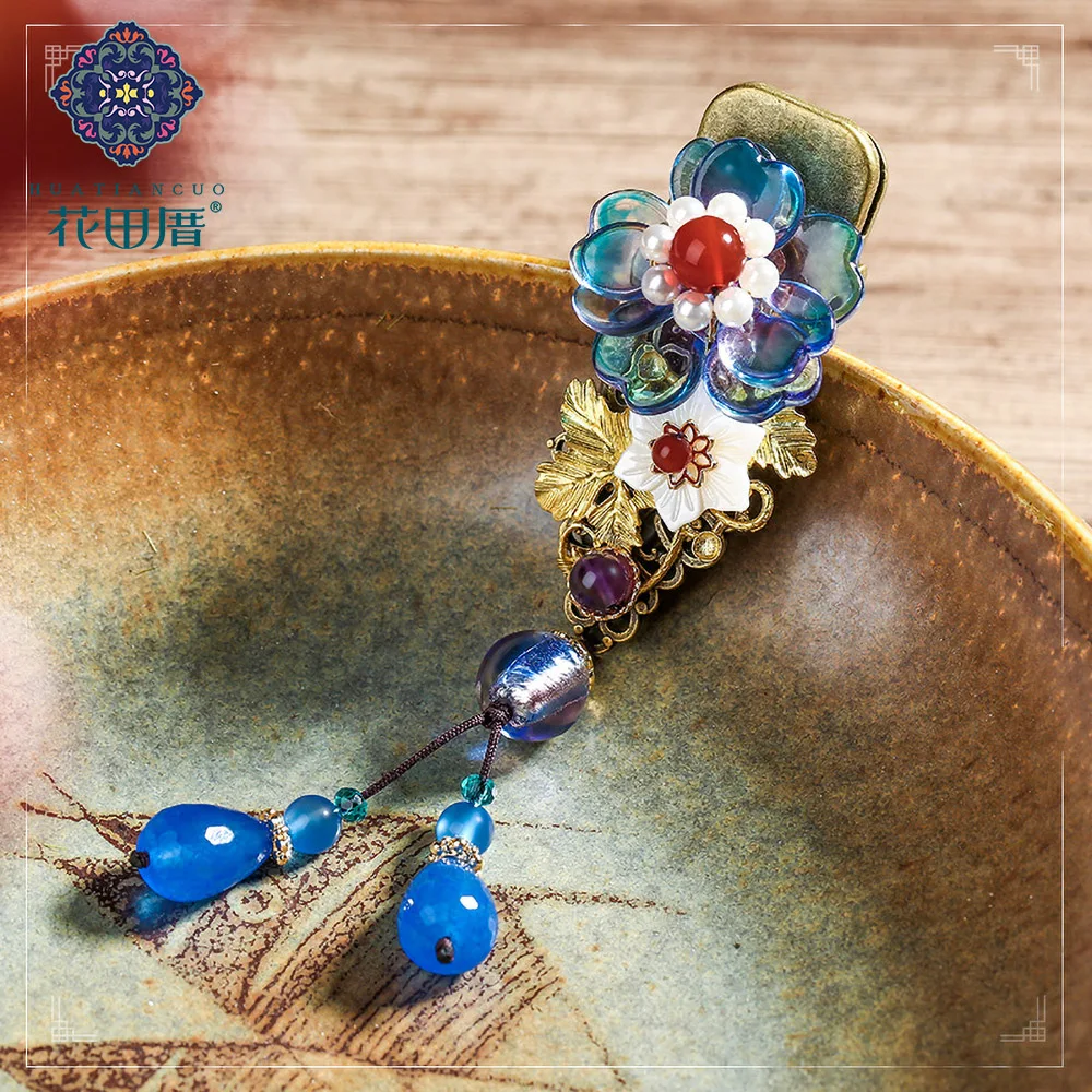 Ethnic Lampwork Flower with Pearl Circle Hair Pin for Women Dangle Shell Drop Golden Vine Leaf HairPin HeadPiece FJ-18117 | Украшения и