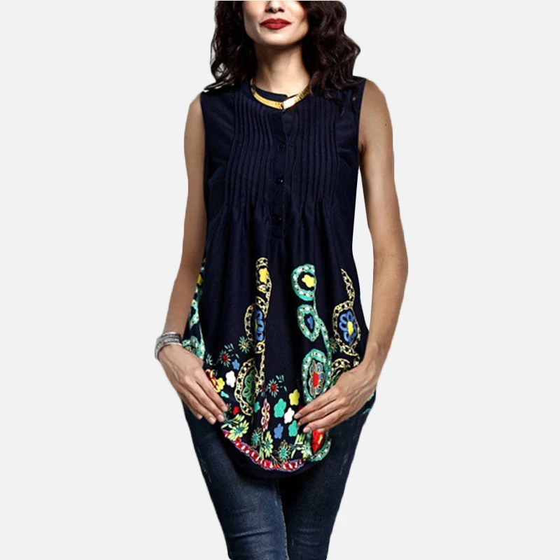 Navy blue sleeveless Весенняя туника с принтом, женская рубашка, блузка, 3/4 рукава, плиссированные топы и блузки для женщин, s, летние модные рубашки размера плюс 5XL - Цвет: Navy blue sleeveless