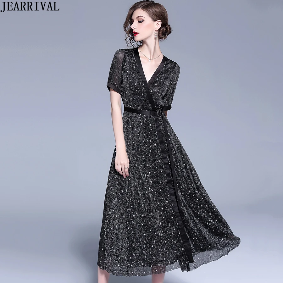 2019 Spring Fashion Long Dresses Women Short Sleeve V-Neck Star Print Vintage Wrap Casual Dress Elegant A-Line Vestidos De Festa | Женская