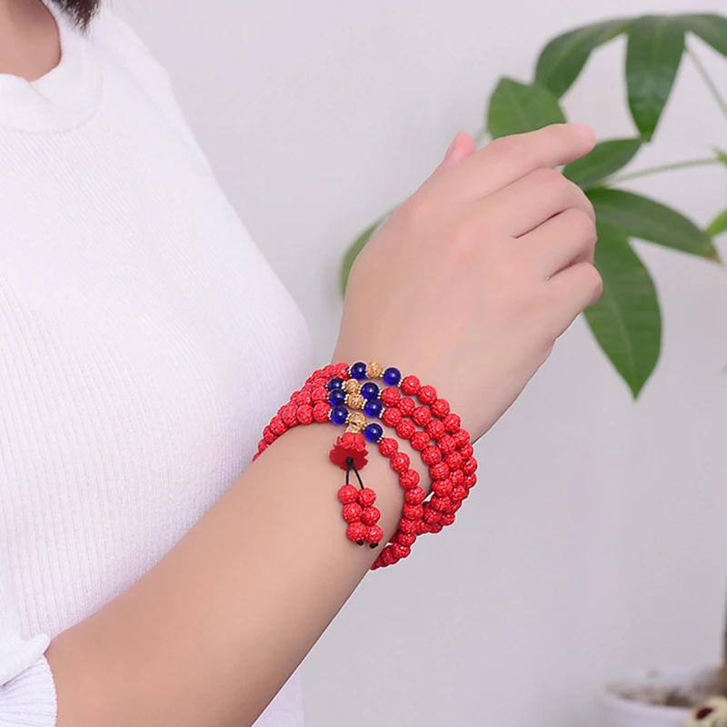 Оптовые красные натуральные браслеты цвета Киновари 6 мм бусина лотоса с кулоном