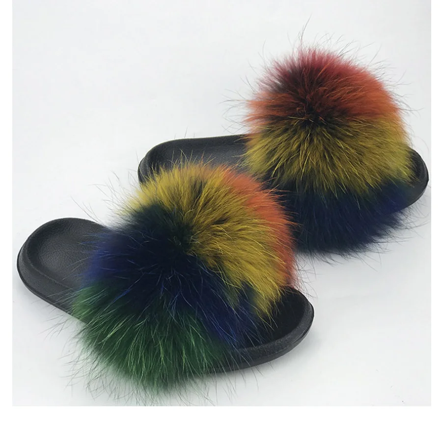 ZDFURS* New Arrivals Real Raccoon Fur Slippers Women Fluffy Fur Slides Spring Autumn Winter Indoor Outdoor Shoes