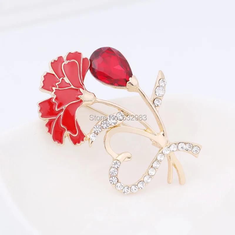 Элегантная брошь в форме сердца гвоздики букет Стразы эмалированные красные
