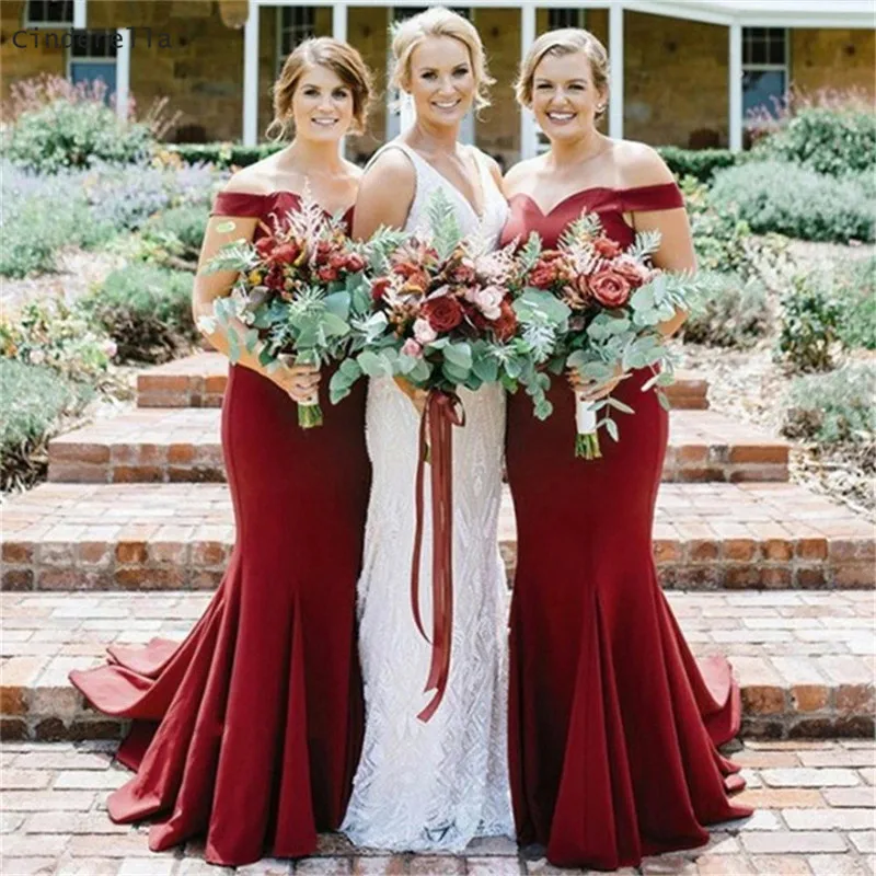 

Cinderella Dark Red Sweetheart Off The Shouder Mermaid Satin Bridesmaid Dresses Zipper Back Trumpet Satin Fabric Bridesmaid Gown