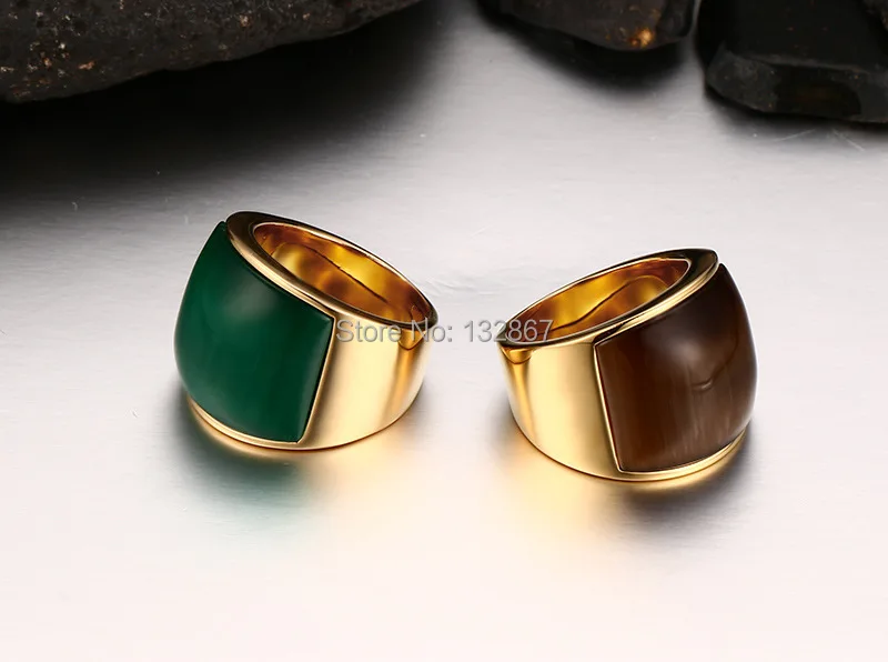 Fashion Brand New Women Men's Fine Party Gift Gold Stainless Steel Big Green &amp Coffee Color Stone Band Ring Jewelry Size 7-11# |