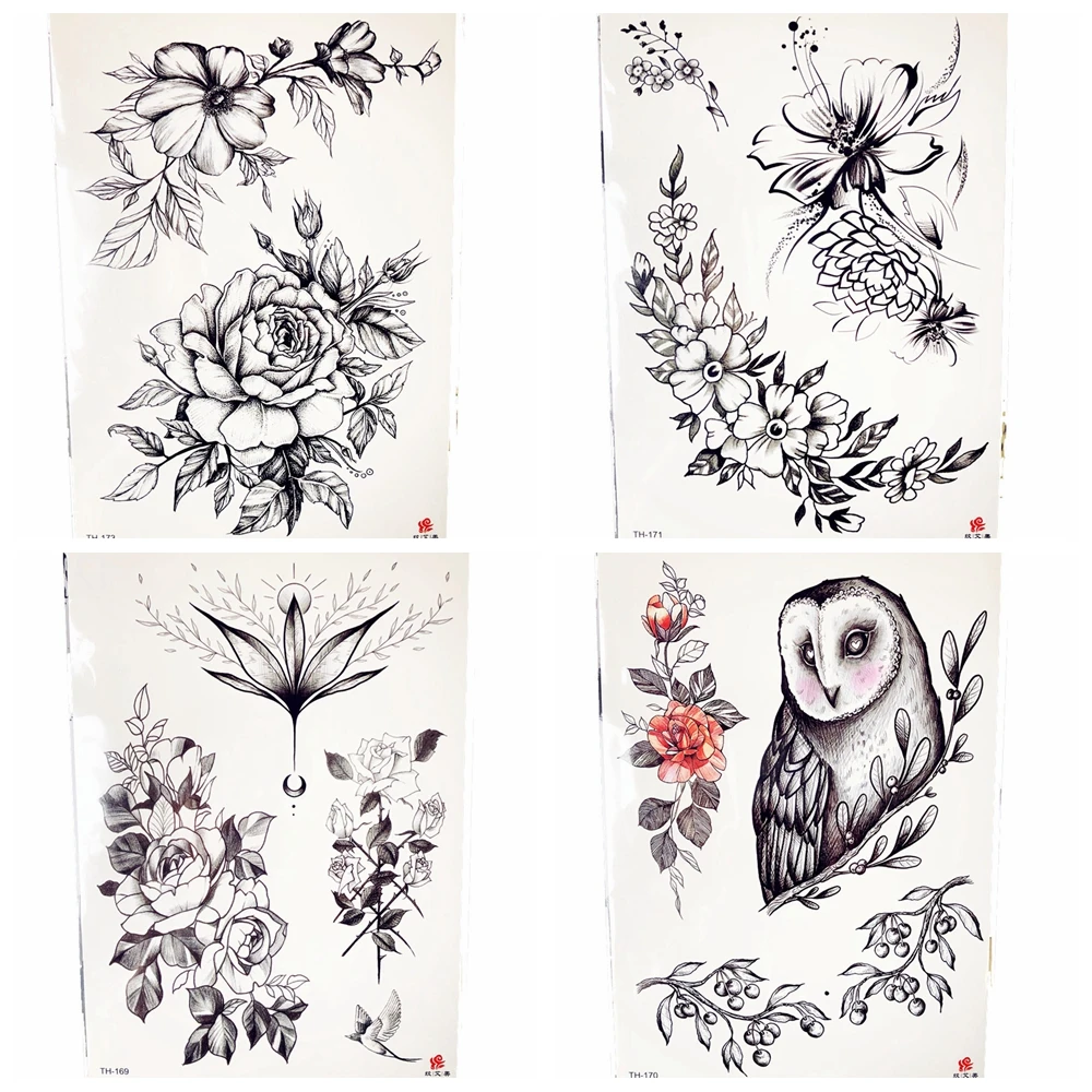 

Pencil Sketch Black Flower Temporary Tattoo Body Art Drawing Sexy Women Summer Style Chest Tattoo Sticker Cherry Girl Tatoos