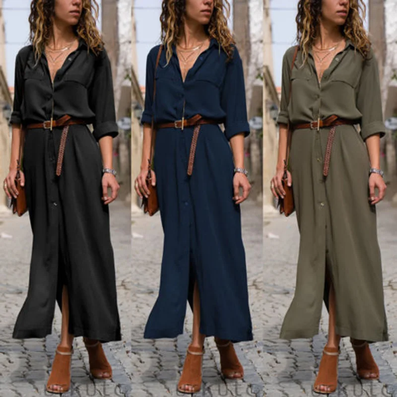 Summer Vestidos de fiesta Causal Loose Half Sleeve Long Collar Neck Solid Color Open with Split Button Women Party Dress W1017 | Женская