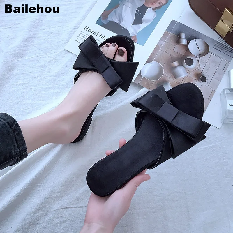 Bailehou/женские тапочки на плоской подошве; коллекция года; Корейская версия; сезон лето; Новинка; вьетнамки на платформе с большим бантом; Уличная обувь