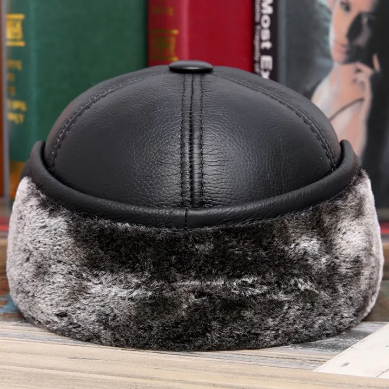 SILOQIN Genuine Leather Hat Winter Men's Warm Plus Velvet Thick Bomber Hats Cowhide Earmuffs Caps For Men New Brands Dad Cap