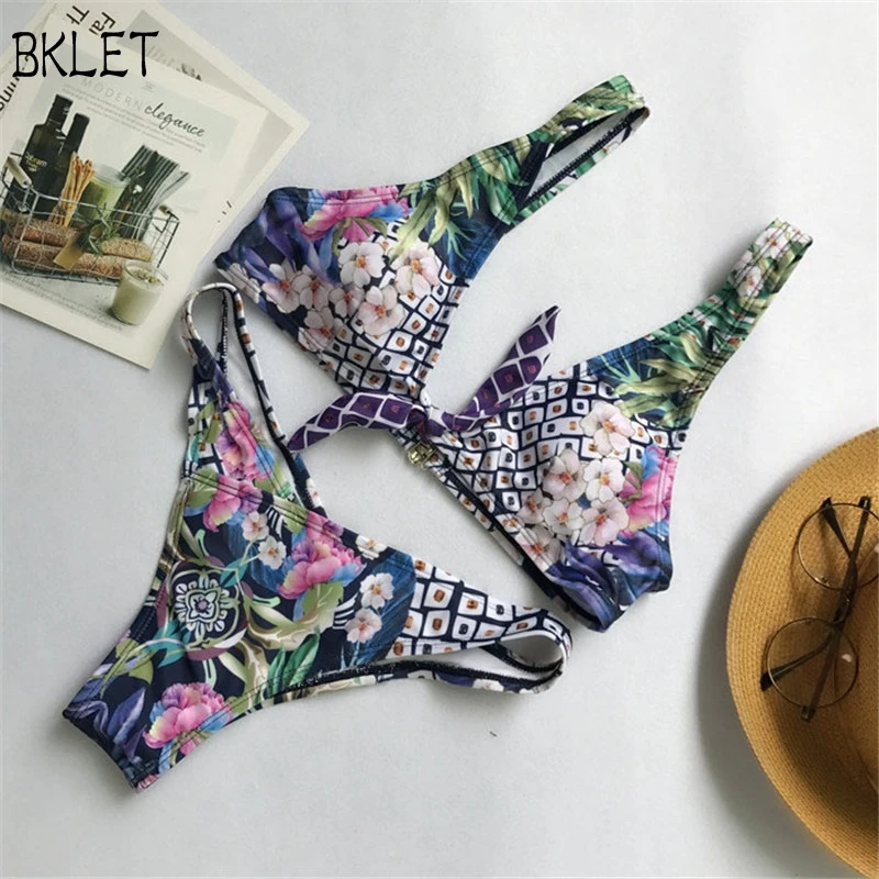 

2018 Women New Flower Print Thong Bottom Bikini Set Summer Sexy Swimwear Spaghetti Straps Low Waist Swimsuit Colorful Biquini