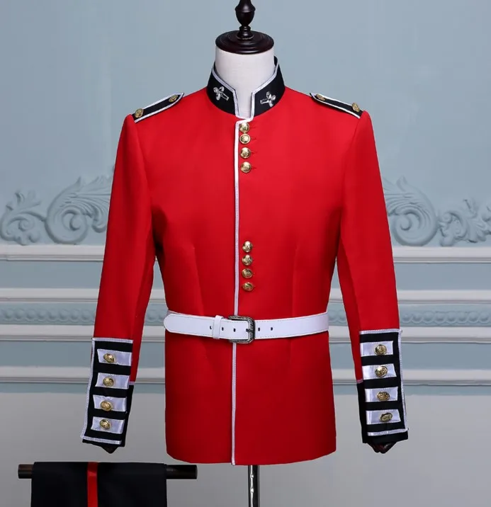 

England Style Men Crystals Red Suit Court Military Costume Drum Corps Orchestra Performance Stage Outfits Singer Chorus Suits