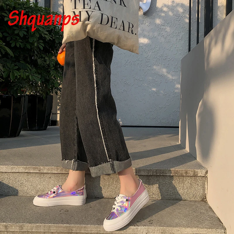 

Кроссовки женские на платформе, Вулканизированная подошва, блестящие, дышащие, повседневная обувь для тренировок, ПУ