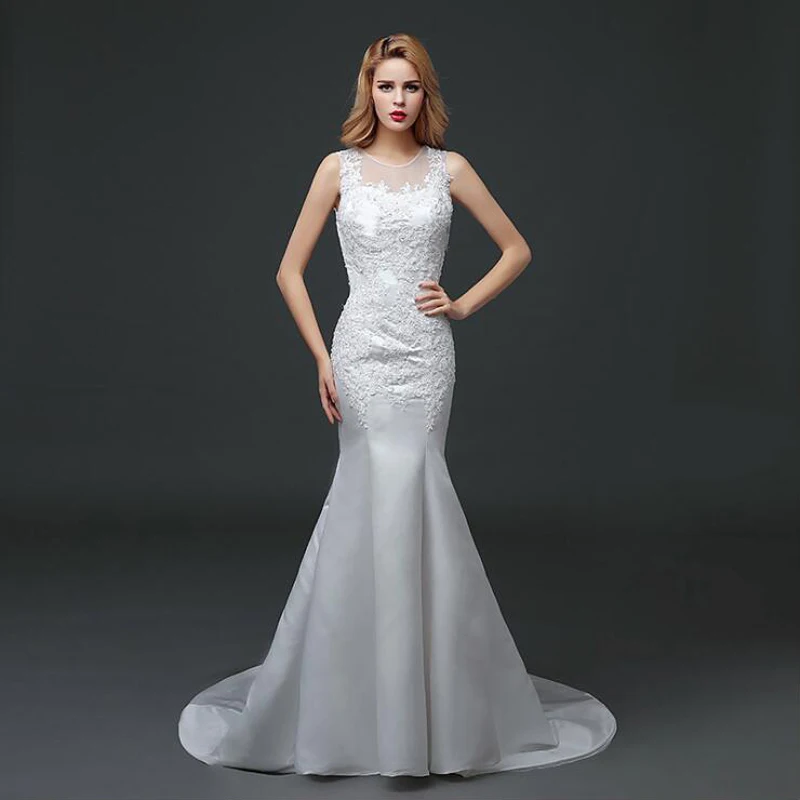 Hot Sale Sexy Tulle O neck Beads Mermaid Wedding Dresses Cheap Bridal Dress Vestidos de Noivas With Lace Up Illusion Back | Свадьбы и