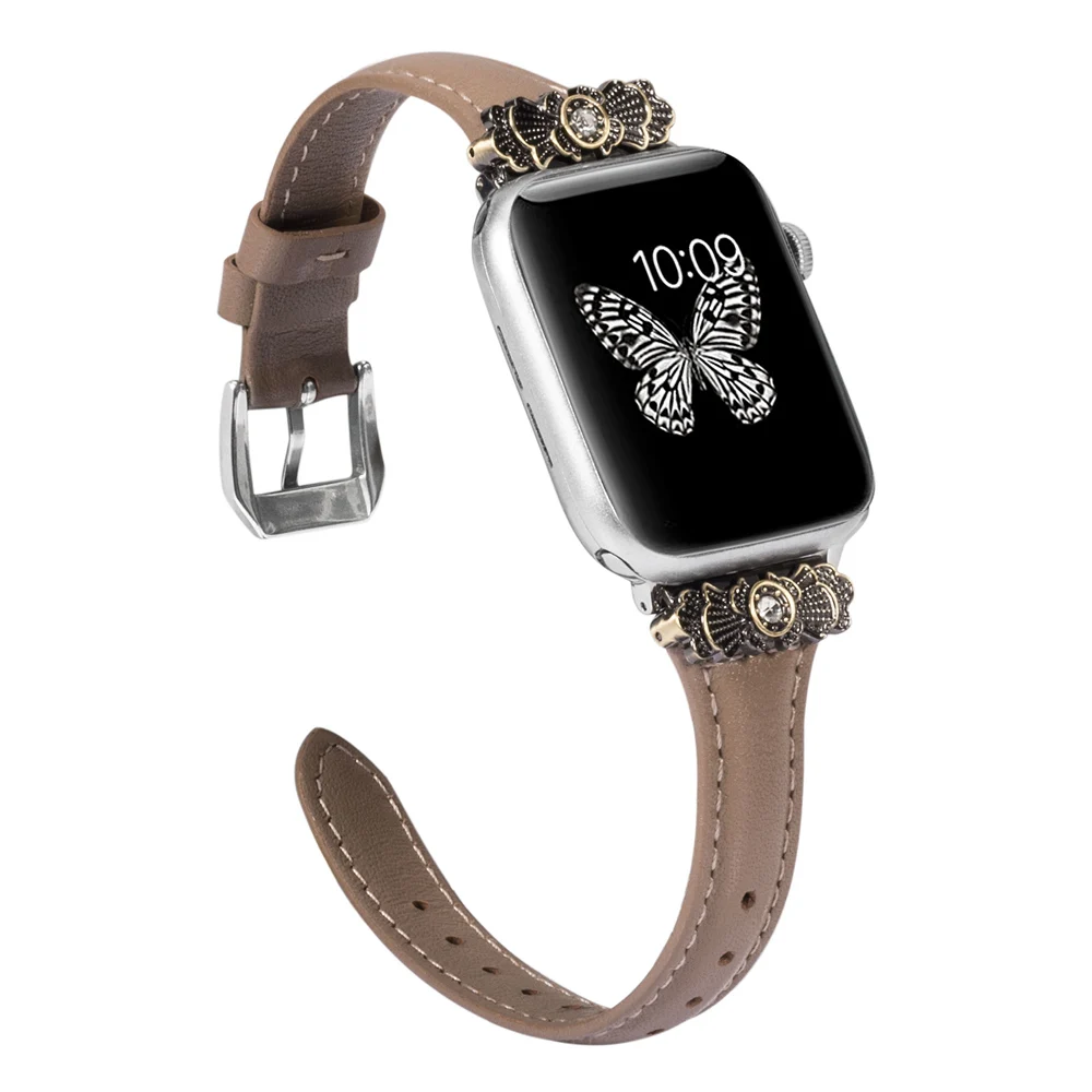 PinkGrey Кожаный ремешок для Apple Watch 38 мм 42 мм iWatch женский тонкий металлический с уникальным декоративным ремешком браслет для iwatch серии 4 3 2 1 - Цвет ремешка: PinkGrey