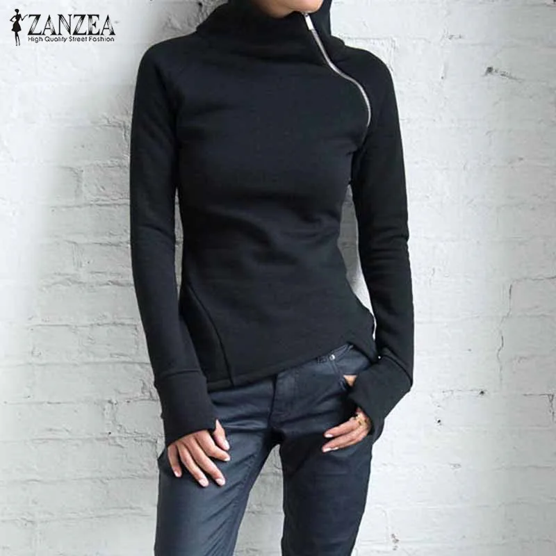 ZANZEA Women Hoodies Sweatshirts 2021 Autumn Casual Solid Long Sleeve Turtleneck Pullovers Zippers Slim Fit Blusas Plus Size Top | Женская