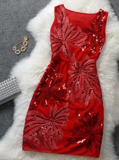 

Elegant Fashion Women's Floral Sleeveless High-waist O-neck Sequined Sexy Dress Lady Summer Party Club Gown Mini Dress One-size