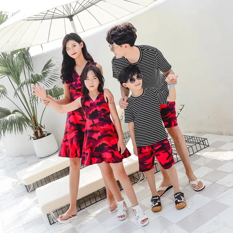 2019 г. летняя Одинаковая одежда для папы и сына красные камуфляжные рубашки + штаны