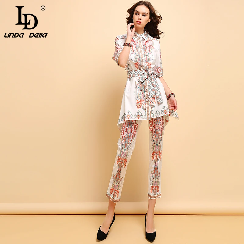 Женские костюмы на каждый день LD LINDA DELLA, топы с бантом и коротким рукавом и элегантные брюки с принтом, белый костюм-двойка, весна