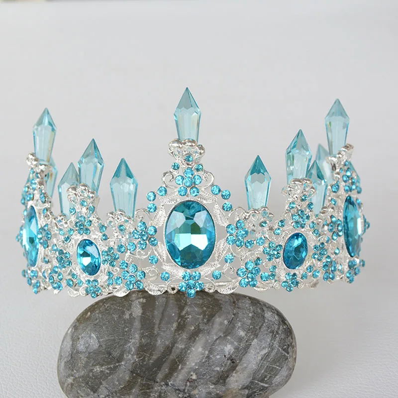 Blue Silver Золотая, серебряная корона в стиле барокко, королевский синий кристалл, свадебная корона, красные стразы, винтажная диадема для невесты, аксессуары для волос - Окраска металла: Blue Silver
