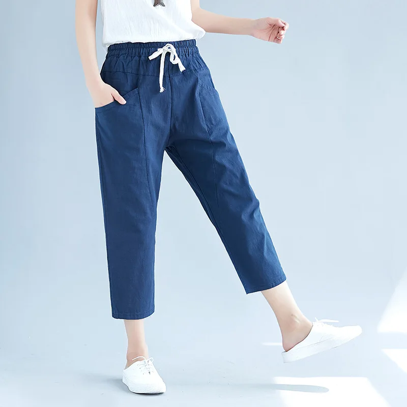 ilstile 2018 Women Cotton Linen Solid Harem Pants Summer Casual Loose Ankle-Length Elastic Waist Trousers Fashion New | Женская одежда
