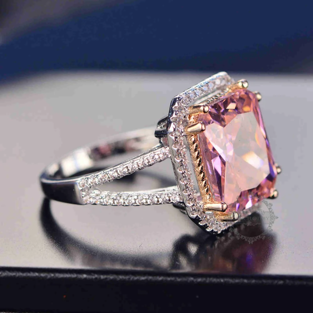 Серебряные и розовые прямоугольные кольца из кубического циркония 11x13 мм модные