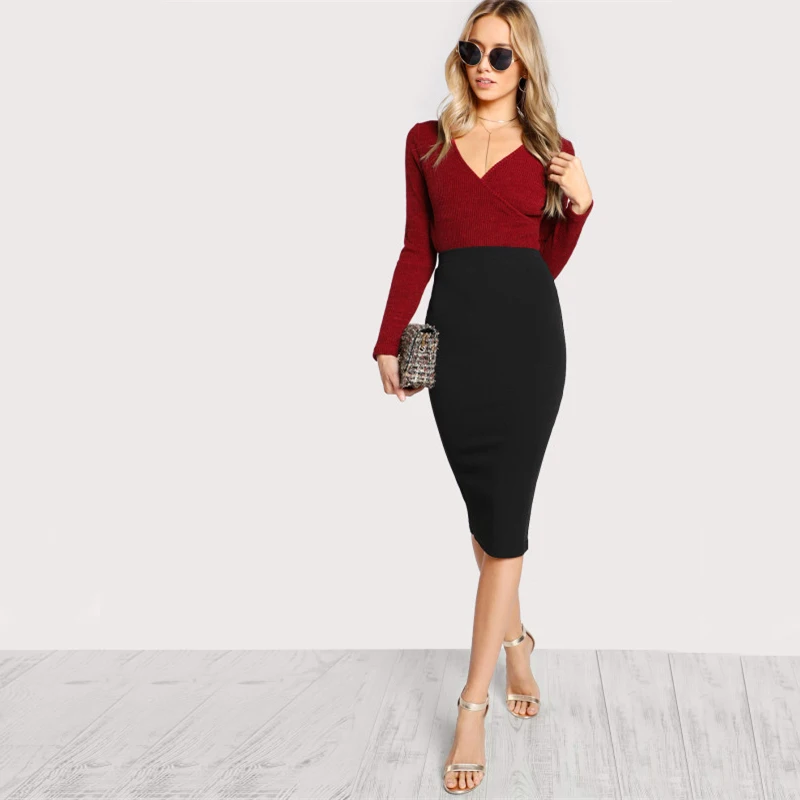 Sheinside, модная однотонная облегающая юбка с разрезом сзади, черная, длина до колена, средняя талия, элегантная юбка-карандаш, Женская рабочая одежда, юбки