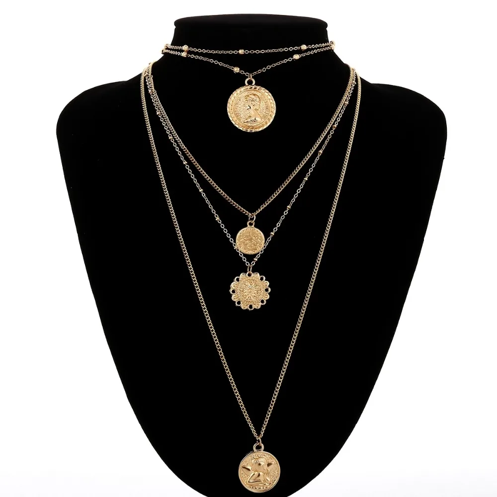 

Ingesight.Z Boho 5 Multi Layer Long Adjustable Chain 4 Pendant Choker Necklace Fashion Coin Rune Queen Jewelry Female Women Gift