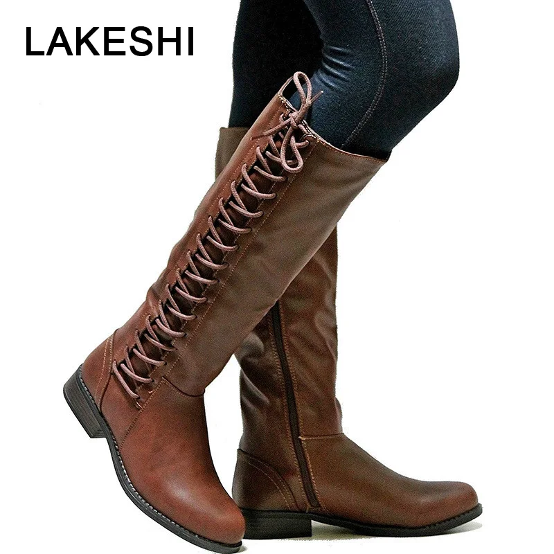 Женские Кожаные ботфорты LAKESHI на шнуровке мотоциклетные сапоги плоской подошве