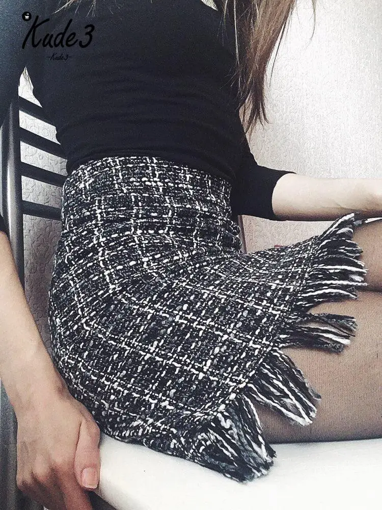 2018 Женская шерстяная мини юбка осень зима винтажная прямая клетчатая короткая с