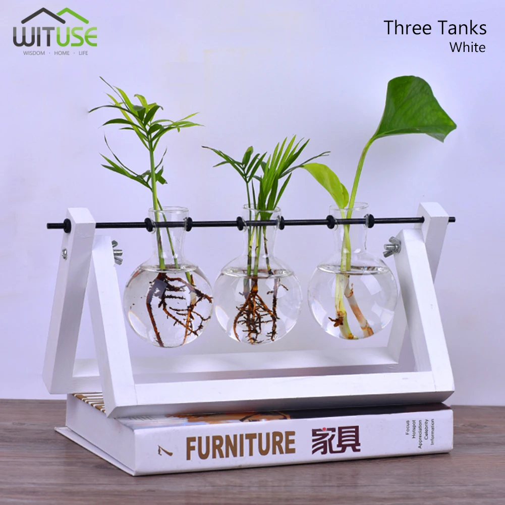 White 3 Bulbs Настольная стеклянная ваза для растений с ретро твердой деревянной подставкой и металлическим поворотным держателем для гидропоники растения товары для домашнего сада - Цвет: White 3 Bulbs