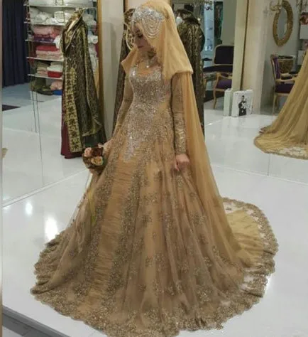 Мусульманские свадебные платья Дубай Шампань с длинным рукавом Abaya Женские