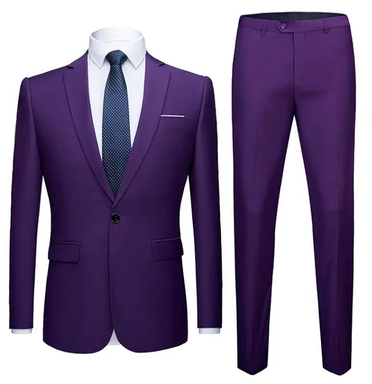 Jacket+Pants)2019 Fashion 2 Pieces  Pure Color Set Business Casual Mens Suits With Pants Costume Homme Men Suits For Wedding