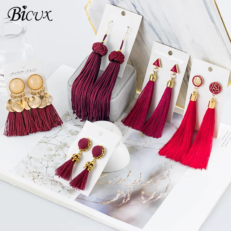 BICUX 2019 модные богемные женские висячие серьги с кисточками этнические золотые