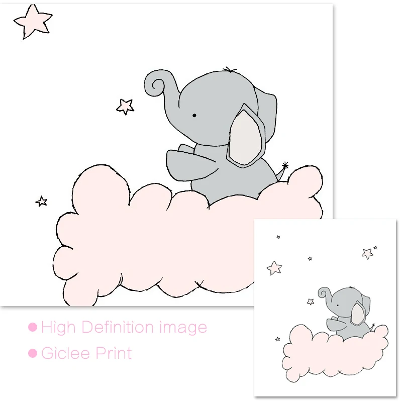 Baby Nursery Wall Art Canvas Painting Animal Nordic Posters Prints Elephant Moon and Stars Pictures Kids Girls Room Decor | Дом и сад
