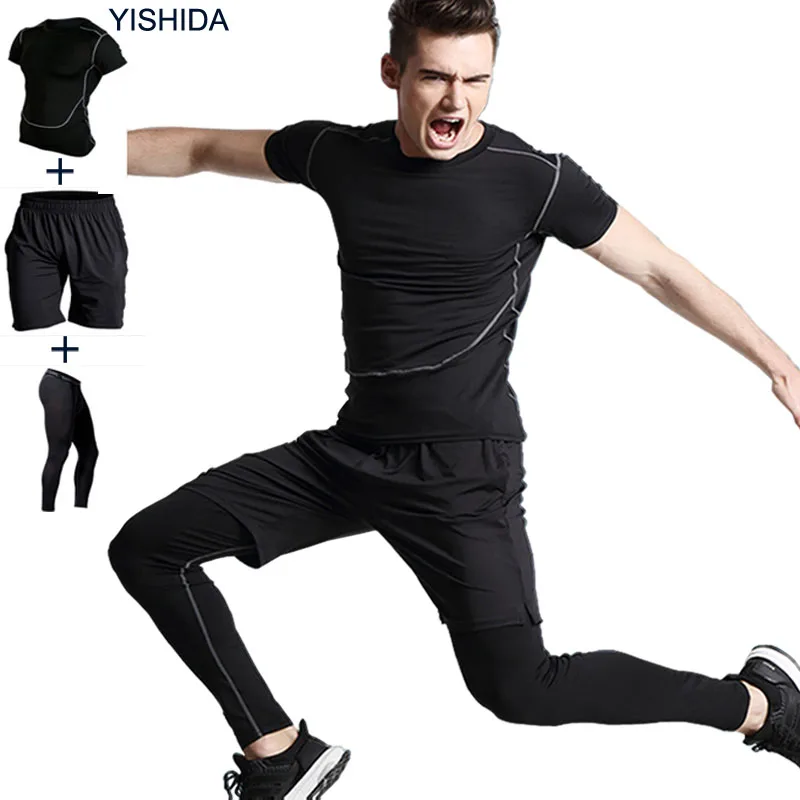 Спортивные костюмы для спортзала, 3 шт., мужские спортивные комплекты, колготки для бега, комплекты для фитнеса, йоги, компрессионные костюмы для бега, спортивные костюмы
