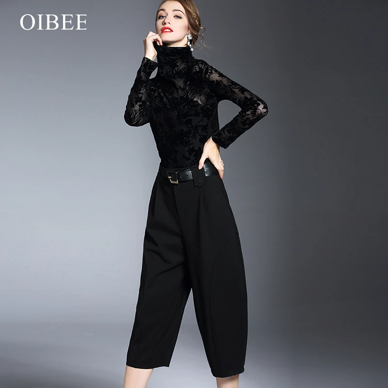 OIBEE2019 Новинка весны высокого с высоким воротником, воротник-стойка, чистый хлопок кружева выдалбливают пикантные черные сапоги рубашка с длинными рукавами